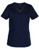 A navy blue ladies' scrub top featuring a contrast colour neckline and pockets, with a logo on the label.