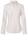 A white women's fine twill long sleeve button-up shirt with a collar and logo on the label.