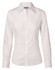 A white women's long-sleeve button-up shirt with self-stripes and a collar, featuring a branded label.