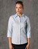 A light blue women's 3/4 sleeve button-up shirt with a self-stripe pattern and a logo.