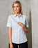 A light blue women's short-sleeve button-up shirt with a self-stripe pattern, featuring a classic collar and a sleek fit.