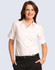 A white women's short-sleeve button-up shirt with a self-stripe pattern, featuring a collar and a branding logo.