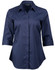 A navy blue button-up shirt with 3/4 sleeves and a modern fit, featuring a logo on the collar.