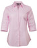 A pink button-up shirt with 3/4 sleeves and a logo on the collar.