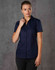 A navy blue short-sleeved button-up shirt for women, featuring a sleek design and a subtle texture.