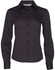 A long-sleeve women's button-up shirt in black with dobby stripes, featuring a collared neckline and button closure.