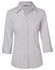 A women's button-up shirt with a ticking stripe pattern in white and navy blue, featuring 3/4 sleeves and a standard collar.