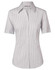 A women's short-sleeve button-up shirt featuring a grey and white ticking stripe pattern. It has a classic collar and a logo.