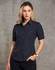 A women's short sleeve shirt in navy with a pin stripe pattern, featuring a button-up design and a logo.