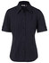 A black women's short sleeve button-up shirt featuring a pinstripe pattern and a chest pocket.
