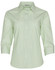 A green striped 3/4 sleeve button-up shirt featuring a collar and a logo on the label.