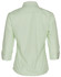 A green and white striped women's button-up shirt with 3/4 sleeves and a collar, featuring a logo.