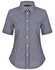 A button-up shirt featuring a black and white gingham check pattern and short sleeves. It has a collar and a logo.