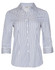 A women's button-up shirt featuring blue and white sateen stripes with 3/4 sleeves and a collar.