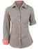 A women's long-sleeve button-up shirt in black and white gingham check with red accents on the cuffs.
