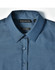 A blue pin dot stretch button-up shirt with a semi-fitted design and collar, featuring a logo tag.