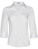 A white women's Cooldry 3/4 sleeve shirt with a collar and buttons, featuring a logo.