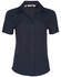 A navy short sleeve women's shirt with a collared neckline and button-up front, featuring a branding logo.