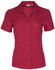 A red short sleeve shirt with a collar, featuring a button-down front and a logo on the label.