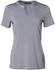 A grey ladies' V-neck short-sleeve knit top with a tab detail and a logo at the neck.