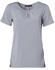 A light grey ladies' round neck short-sleeve knit top with pleats, featuring a logo on the label.