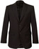 A black wool stretch blazer featuring two buttons and side pockets, with a sleek and tailored design.