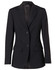 A women's mid-length jacket in black with a tailored fit, featuring two front buttons and pockets.
