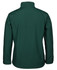 A green soft shell jacket featuring a high collar and a simple design, with a logo on the back.
