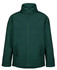 A soft shell jacket in dark green featuring a zip front and side pockets, complete with a logo.