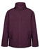 A soft shell jacket in plum with a high collar and zip front, featuring side pockets and a branding logo.