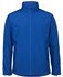 A blue soft shell jacket featuring a zip front and a collar, with a logo present.