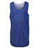 A blue singlet with a mesh design and a branding logo on the front.