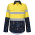 A bright yellow cotton Hawaiian shirt with reflective stripes and a dark patterned design on the lower half.