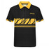 A black and yellow Hawaiian shirt featuring a geometric design and a logo on the chest.
