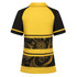 A vibrant yellow and black Hawaiian shirt with a decorative patterned design and a collar. Features a logo on the back.