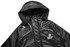 A black manager coat jacket with a hood and white accents, featuring a logo on the front.