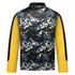 A pullover featuring a black and blue floral camouflage pattern with yellow sleeves. It has a collar and long sleeves.