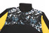 A pullover featuring floral patterns in black, blue, and yellow with a high collar and a zip front.