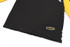 A black pullover with yellow sleeves and a logo on the lower edge. Features a textured fabric design.