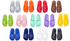 A collection of slippers in various colours, including grey, orange, red, brown, green, pink, mint, purple, navy, white, and black.