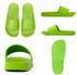 Green slippers displayed from different angles, featuring a smooth design and a textured sole.