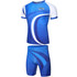 A blue athletics uniform tight featuring a short-sleeve top and matching shorts, with a logo present.