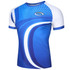 A fitted blue T-shirt with white accents and a logo, featuring a dynamic wave pattern.