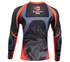 A long-sleeve compression tee featuring a black and grey camouflage design with red accents and a logo.