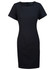 A fitted black short sleeve dress with a square neckline and a zip closure at the back. It features a logo.