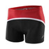 A pair of men's shorts featuring a design in red, black, and white with a logo on the side.