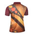 A customised Aboriginal polo shirt featuring a vibrant design of orange, maroon, and dotted patterns. It has a logo.