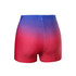 A pair of women’s tight shorts featuring a gradient design in blue and red colours. The shorts have an elastic waistband and a logo.