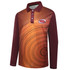 A long-sleeve polo shirt featuring a gradient of orange and maroon with circular patterns and a logo on the front.