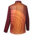 A long-sleeved polo shirt in maroon with an orange and brown circular design on the back, featuring a logo.